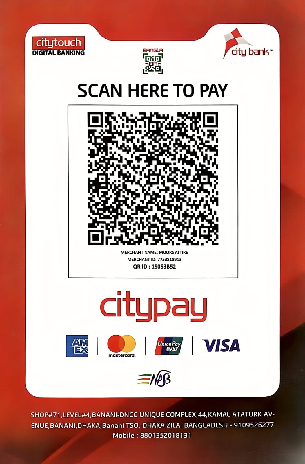 Bangla QR (City Bank citypay) for Moors Attire